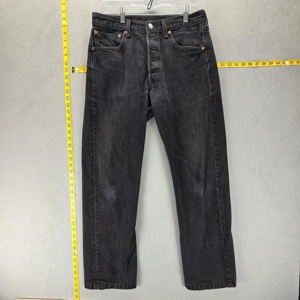 Vintage Levis 501 Jeans Mens Black Button Fly Made in USA Altered Hem Fits 30x30